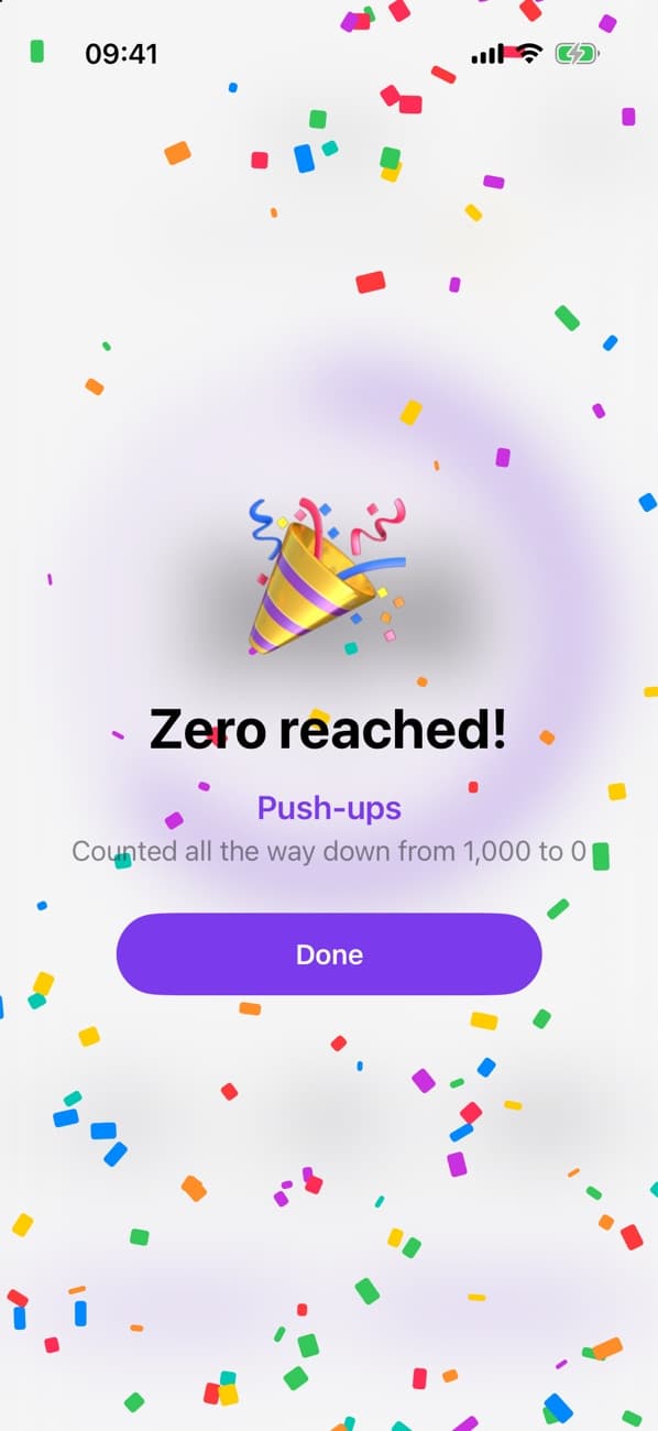 Celebration screen with confetti after reaching zero