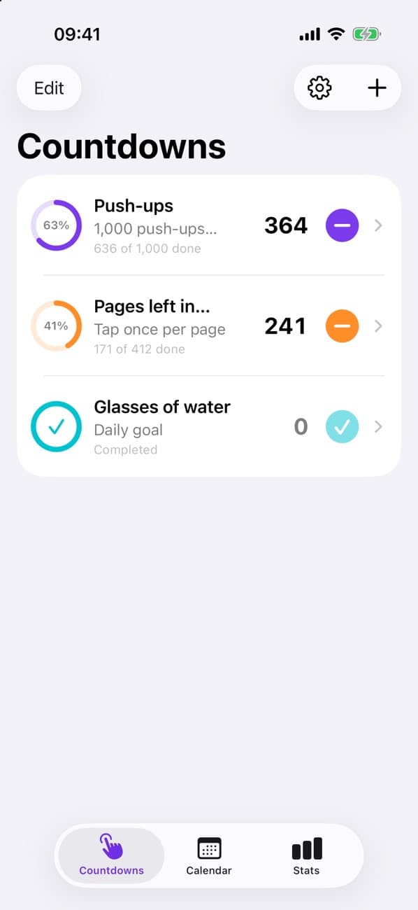 List of countdowns with progress rings