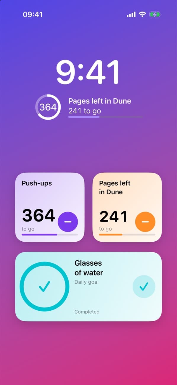 Lock Screen and Home Screen widgets showing countdowns with tap buttons